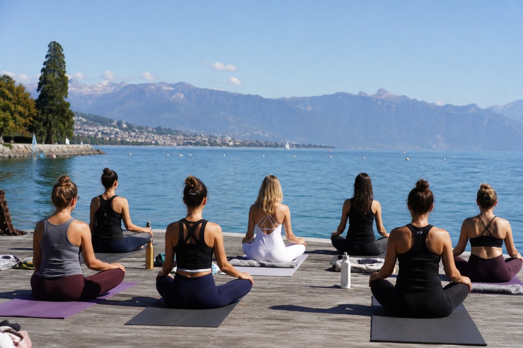 Un cours YogaSwiss pratiquant ensemble en Suisse